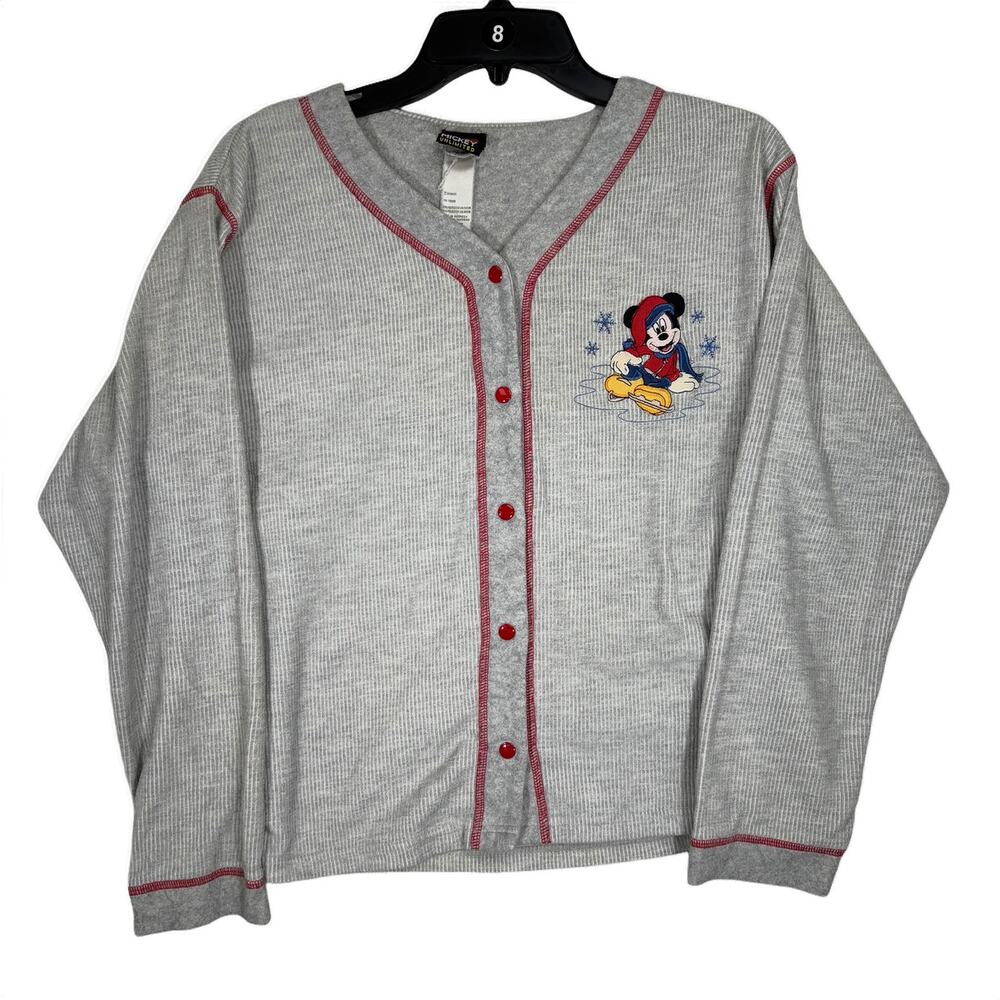 Mickey Unlimited Disney Gray Ribbed Cardigan with Red Stitching Sleep Top MED